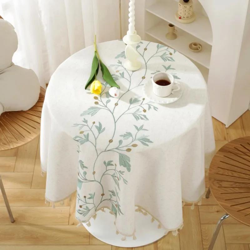 Round Tassel Embroidery Tablecloth Heavy Weight Cotton Linen Fabric Table Cover Kitchen Dining Restaurant Banquet Tabletop Decor