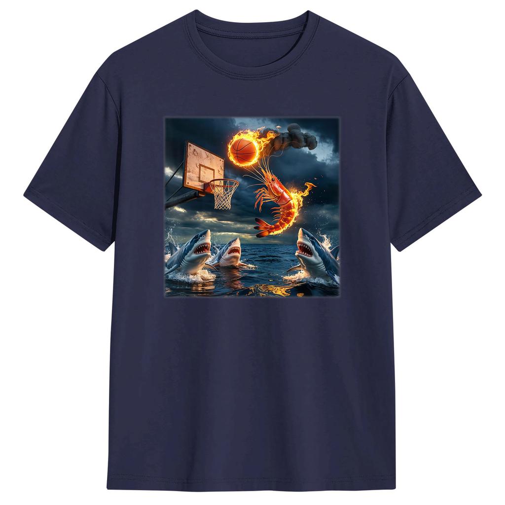 Shrimp Dunking On Shark Funny Fishing Meme T Shirt Summer YK Basic T Shirt Pure Cotton Harajuku Tshirt For Unisex Casual Top Tees