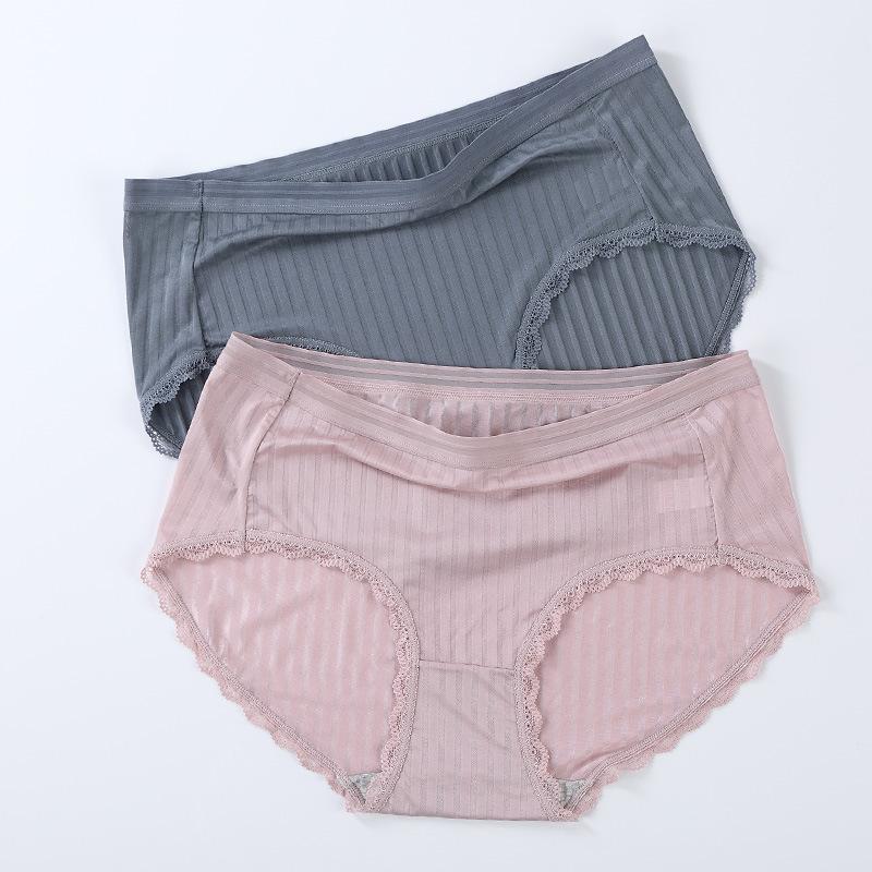 Underwear Women Sexy Ice Silk Transparent Lace Mid Waist Panties Breathable Antibacterial Bottom Crotch Briefs Plus Size Women