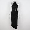 Cut Out Backless Halter Split Maxi Dress Summer Sleeveless Party  Chest Wrapping Halter Black S-L