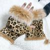 Christmas Women Hand Wrist Windproof Mittens Warmer Y2K Leopard Print Gloves Plush Suede Faux Rabbit Fur Fingerless Gloves