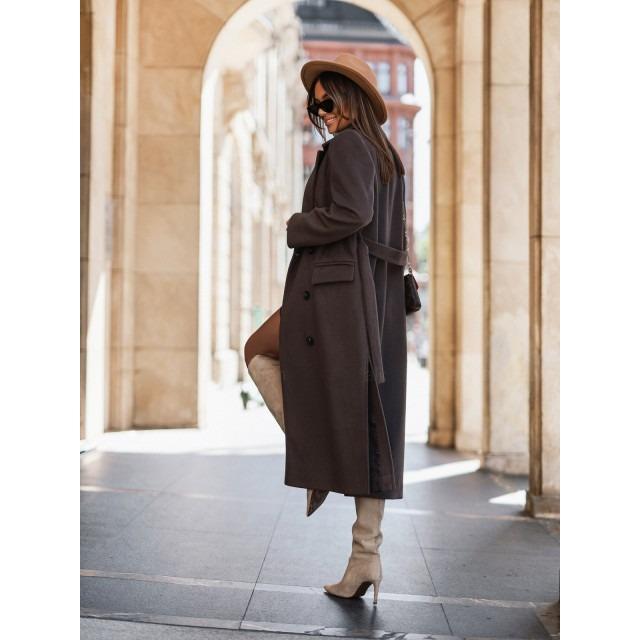 IHUASU Autumn and Winter Simple Long Sleeve Suit Collar Strap Wool Coat for Women Jackets & Coats