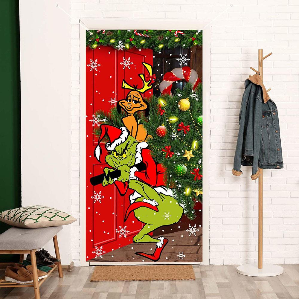 Merry Christmas Grinch Christmas Door Cover Decorations Banner Grinch Green Backdrop
