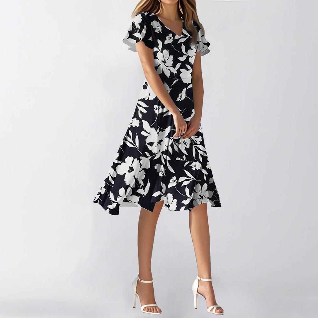 Женское летнее повседневное модное платье с цветочным принтом и V-образным вырезом, короткая юбка с коротким рукавом
