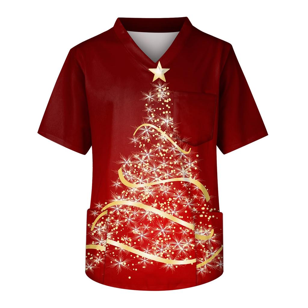 Модный мужской короткий рукав V-образный вырез рождественский принт рабочий нагрудный карман Carer Top