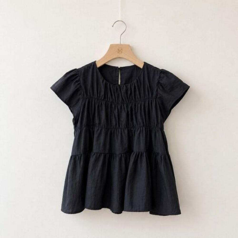 Mizqz Women Kankan Shirring Short Sleeve Flare Blouse Loose Fit Summer