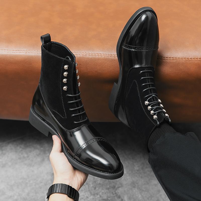 Роскошные дизайнерские замшевые лакированные кожаные ботильоны мужские высокие ботинки на шнуровке для мужчин на плоской подошве мотоциклетная обувь Zapatos Hombre
