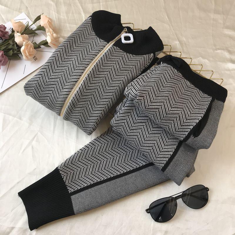 New Tracksuit Woman Patchwork Turtleneck Zipper Knitted Cardigans+Pants 2 Piece Set Knit Top Trouser Outfit