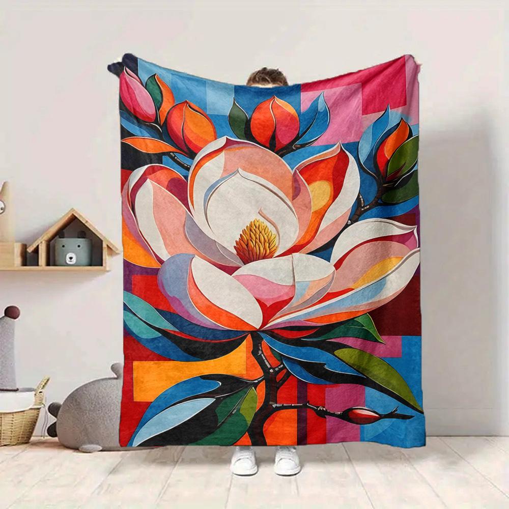 1pc Floral Abstract Print Blanket Lightweight Flannel Throw Blanket For Sofa, Bed, Living Room, Office, Outdoor Travel, Camping