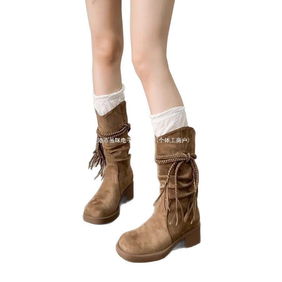 Ретро пустошь ветер бахрома рыцарские сапоги женские 2025 осень и зима новые толстый каблук сапоги с ворсом внутренняя высота и тонкие полусапоги