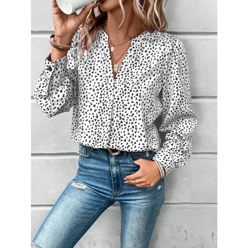 Women's Fashion Casual Spring Fall Polka Dot Print Long Sleeve V-Neck Blouses & Shirts