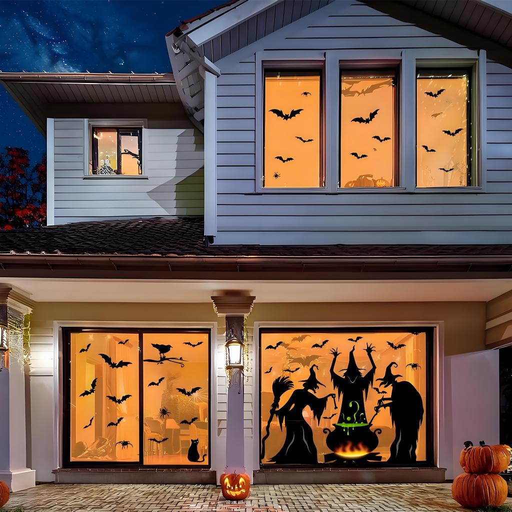 Giant Halloween Window Clings Static Decals | Spooky Witch Silhouette with Cat & Bat | Multi-Room Decor 4-Pack for Home School