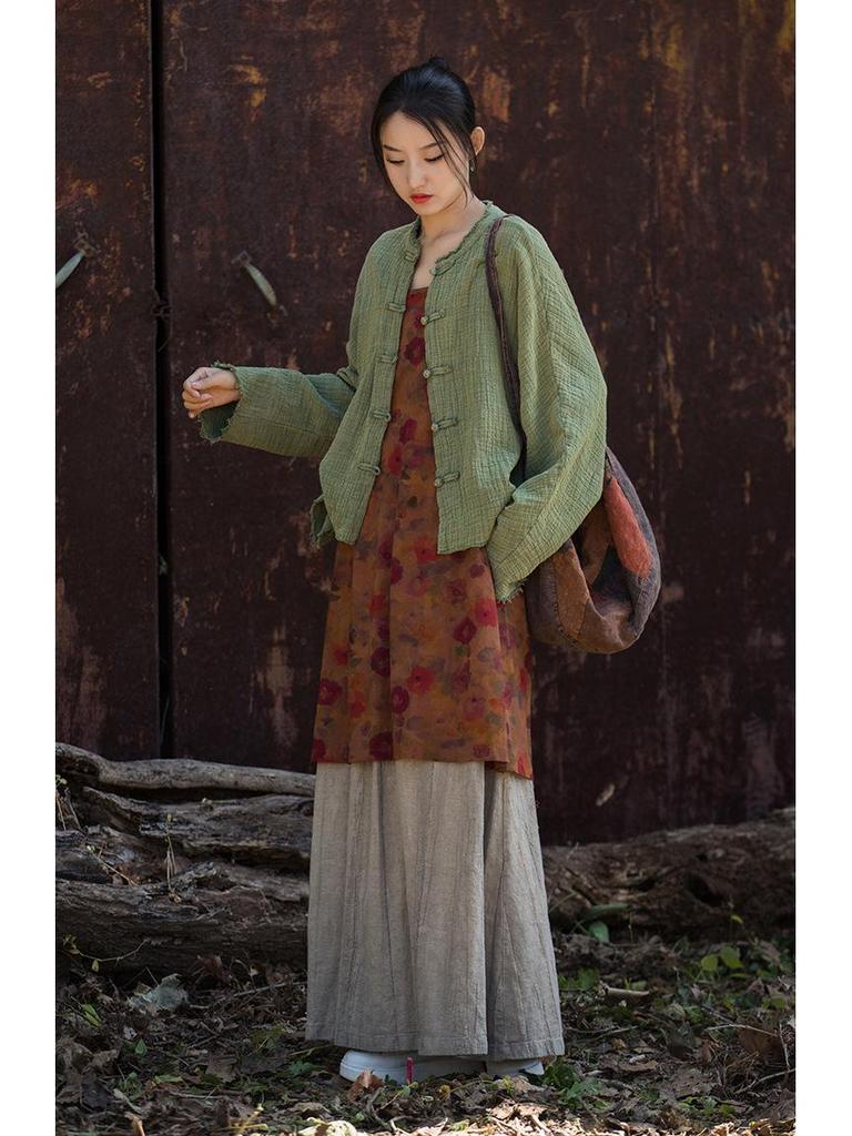 Women's Spring Cotton Linen Jacket - Wrinkled Texture, Over-dyed, Distressed, Perfect for Home, Travel, Zen Meditation