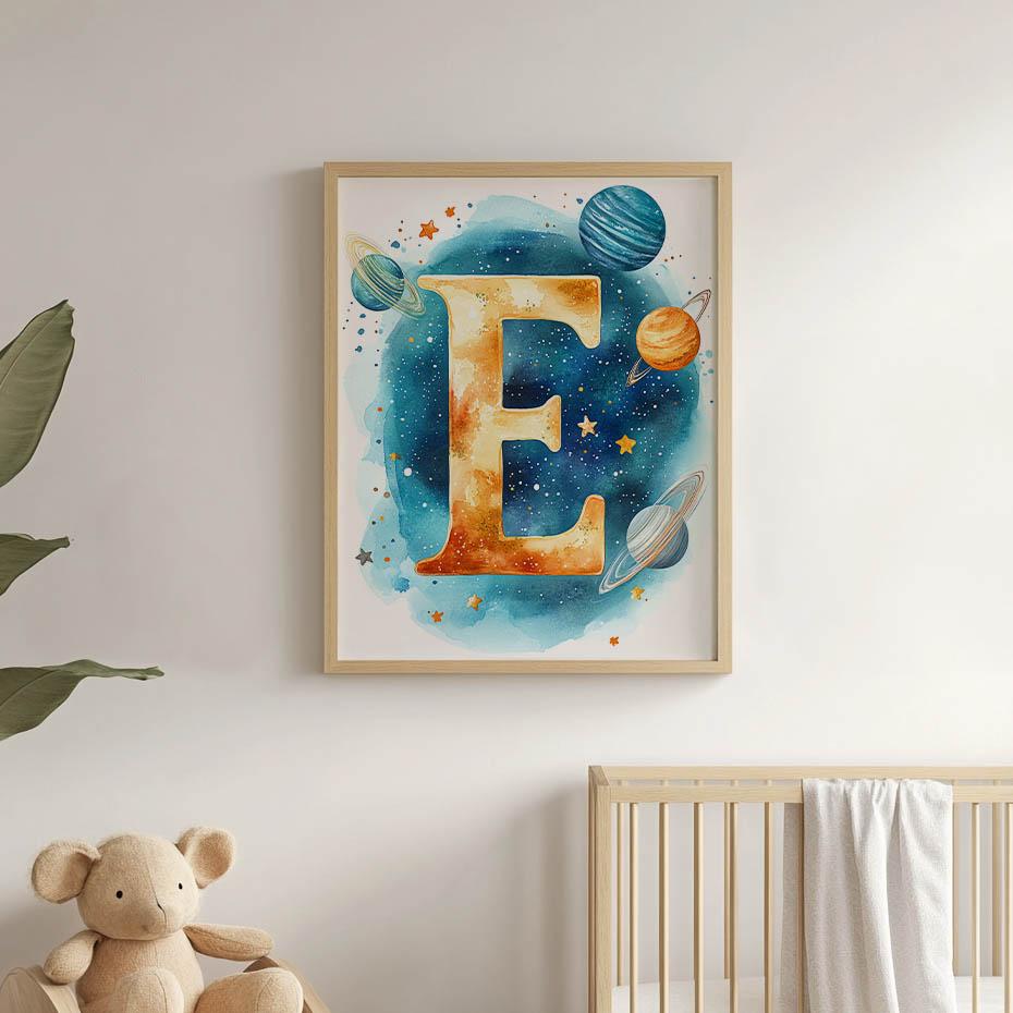 Kosmiczna Litera E - Plakat Dekoracyjny Do Pokoju Dziecięcego Kosmiczna Litera E - Plakat Dekoracyjny Do Pokoju Dziecięcego, 30X40 Cm, Rama Aluminiowa
