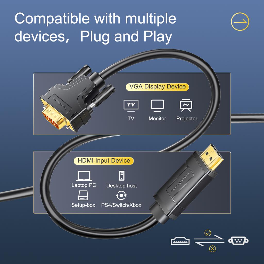 MINDPURE AD037 1m HDMI to VGA Cable 1080P 60Hz HD-Compatible Cord for TV/Monitor/Projector