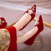 Spring Pearl Flower Wedding Bride Shoes Women Red Slip -On Thin Heels Pumps Woman Elegant High Heels Shoes For Female