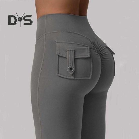 Women Yoga Pants Solid Color Slim Fit Flared Pants with Pockets Thin Elastic Cargo Style Sexy Ruched Long Pants