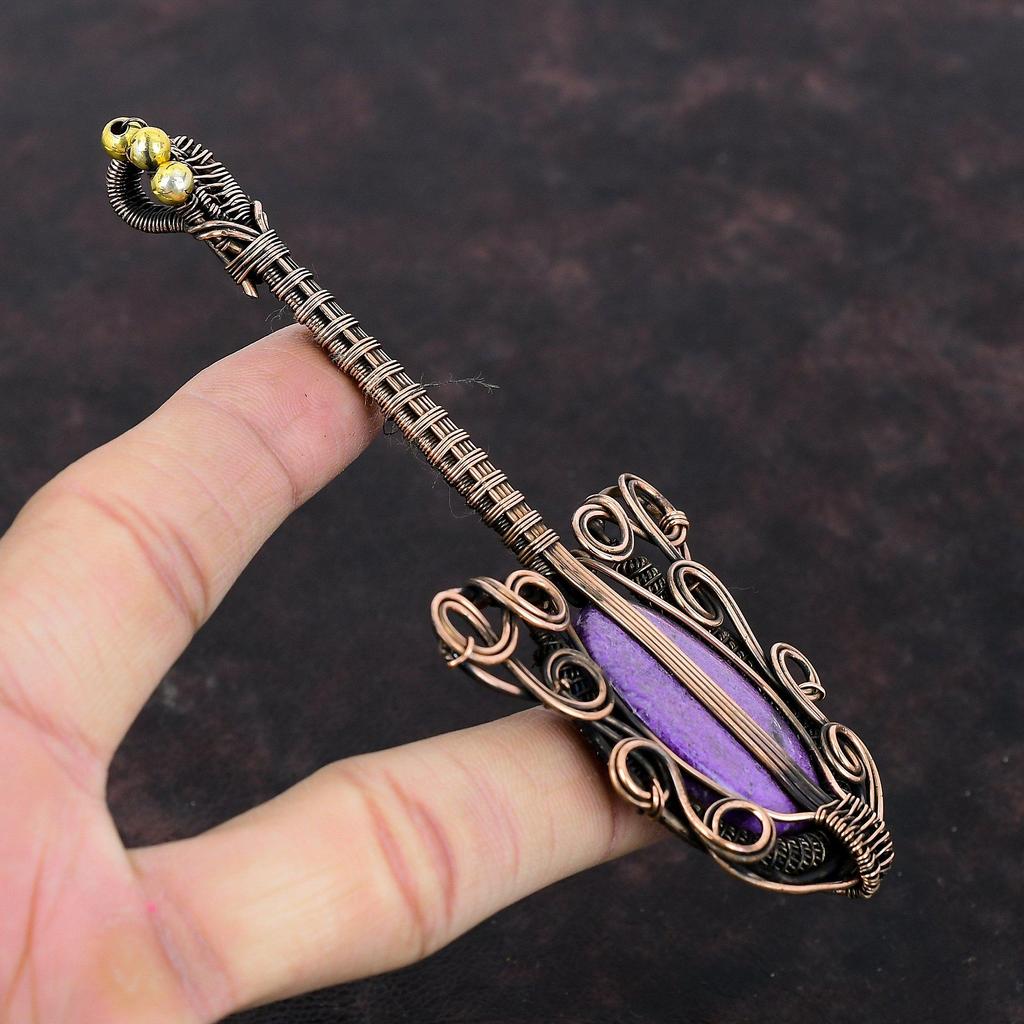 Пурпуритовый кулон, медная проволока, обернутая кулоном, гитара, кулон, проволока, ювелирные изделия, кулон из драгоценного камня ручной работы, медные ювелирные изделия, подарок для мамы