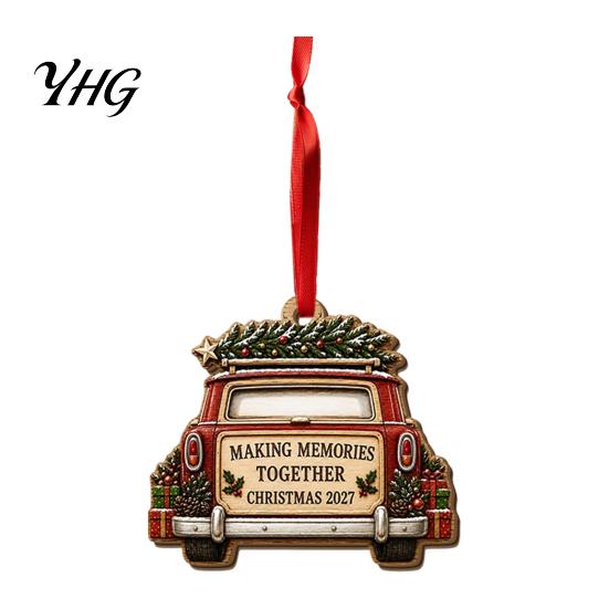 Vintage Wood Tree Pendants Wooden Christmas House Ornament, 2D Castle Car Hanging Decor with Holiday Party Decorations Red String, Rustic Pendant,