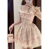 Summer First Love Sweet Wind Small Flying Sleeves Lace Splicing Floral Waist Dress Waist Princess Puffy Short Skirt