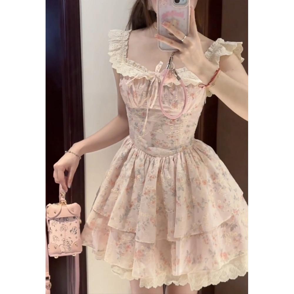 Summer First Love Sweet Wind Small Flying Sleeves Lace Splicing Floral Waist Dress Waist Princess Puffy Short Skirt