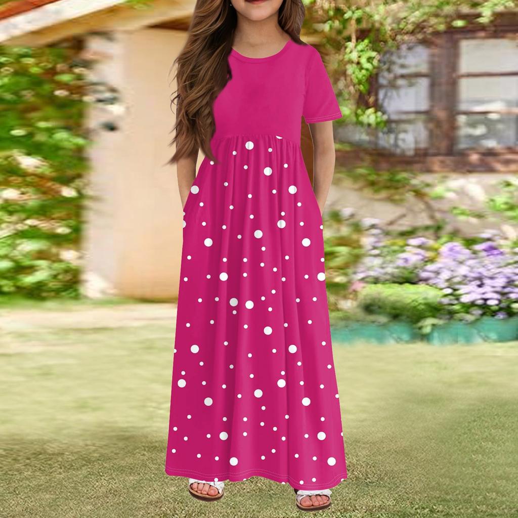 Длинное летнее платье для девочек - платье макси с короткими рукавами и карманами для детей 4-14 лет