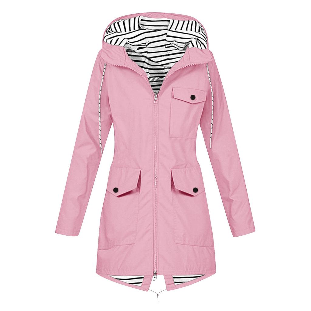 Women Solid Rain Jacket Outdoor Plus Waterproof Hooded Raincoat Windproof