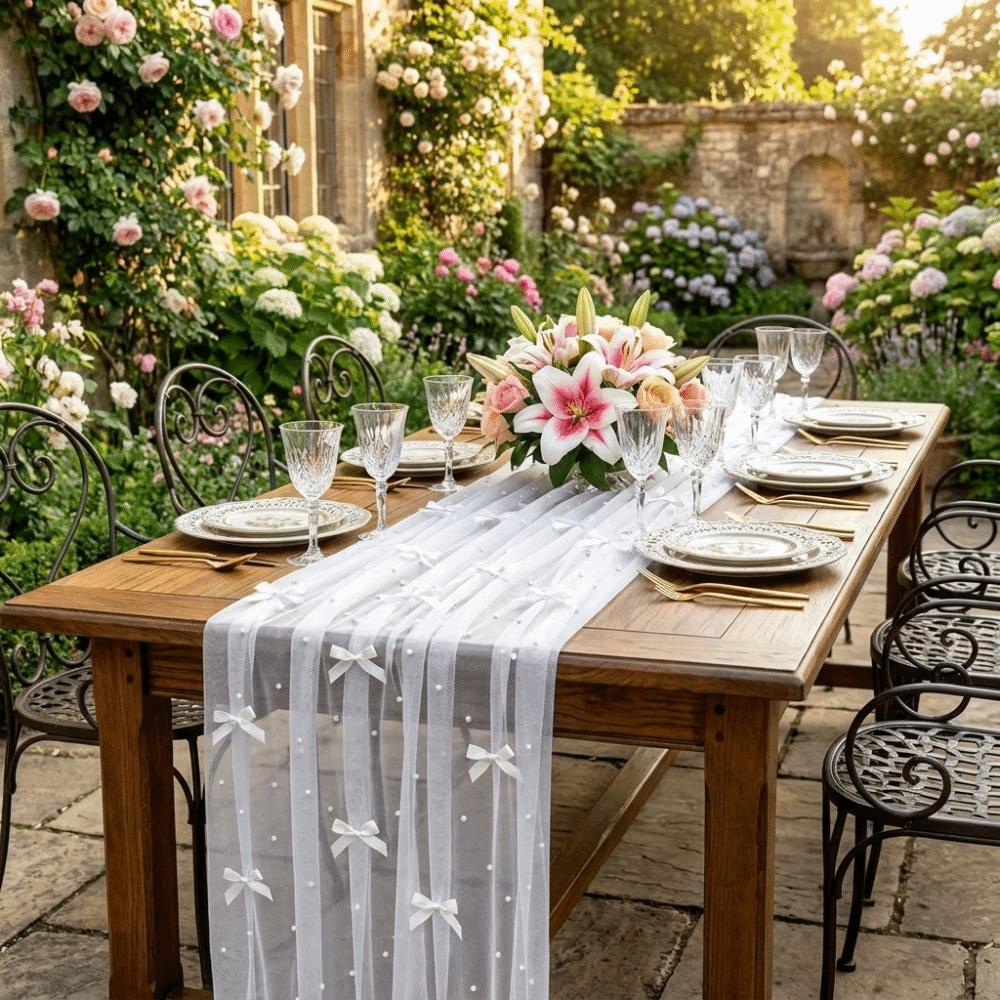 Romantic Bow Pearl Chiffon Runner Semi-Transparent Gauze Tablecloth Tulle Table Runner Wedding