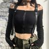 Summer Women Long Sleeve Shirt Cotton T-shirt Crop Top Korean Fashion Style Black Sexy Short Tops