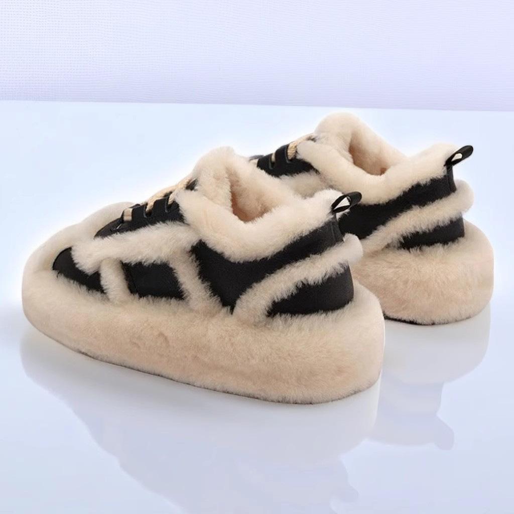 Корейская версия шерстяных туфель с отделкой из бороды, женские 2025 новые осенне-зимние туфли на платформе из бархатного хлопка, универсальные два способа носки, туфли-бобы из овечьей шерсти