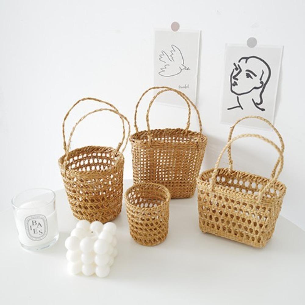 With Handle Straw Woven Basket Picnic Props Storage Basket Practical Tea Cup Cover
