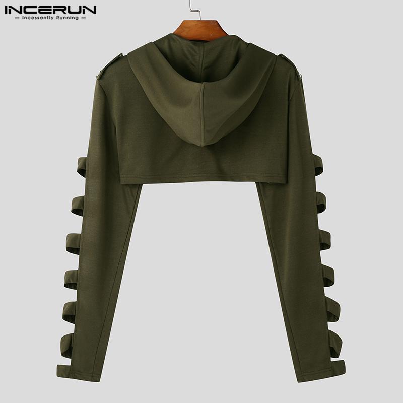INCERUN Мужские короткие топы с длинным рукавом, однотонные укороченные толстовки с капюшоном