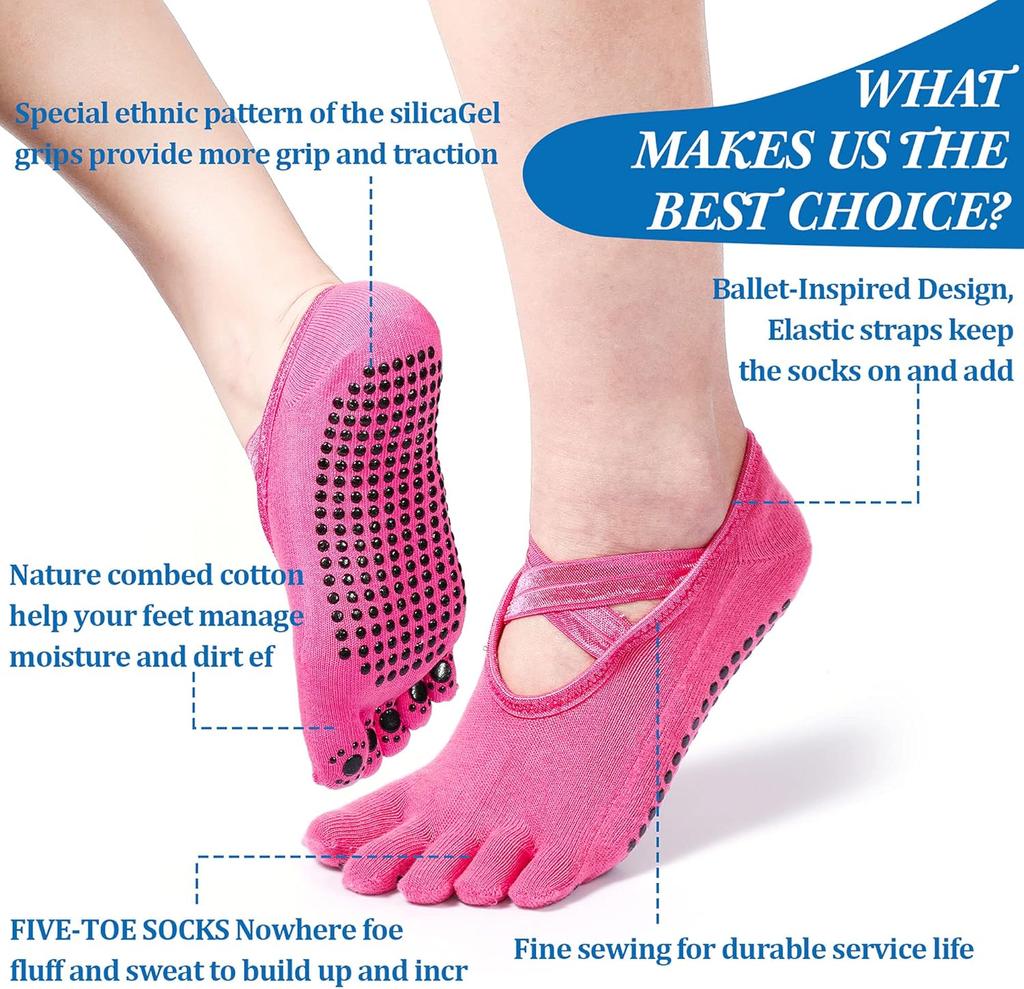 Women's full-toe non-slip yoga socks 7 pairs with floor glue points and straps, suitable for Pilates, ballet, dance, and barefoot scenes