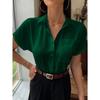 Плюс Размер Женская V-образный вырез Однотонная новая повседневная рубашка на пуговицах с короткими рукавами