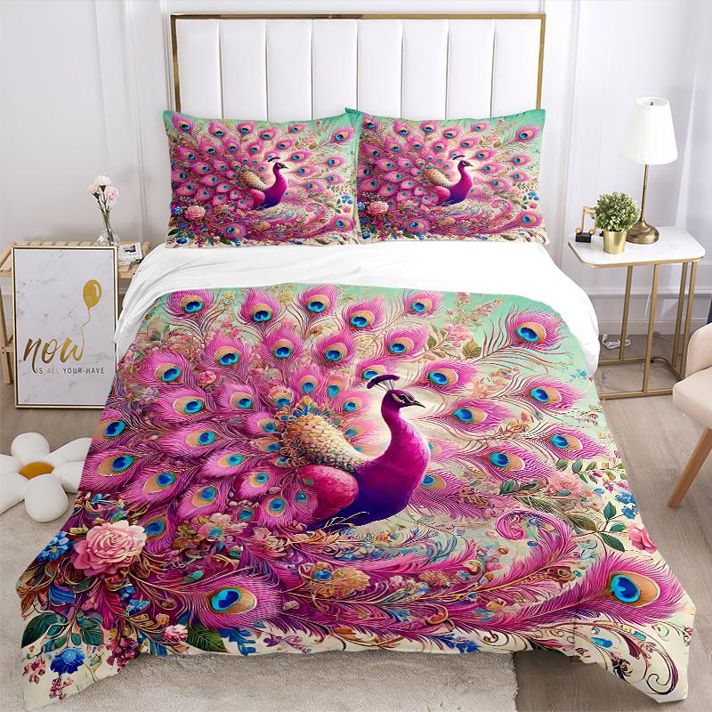 3pcs Pink Peacock with Open Tail Printed Quilt Set - Soft and Comfortable Quilt Cover for Bedroom, Guest Room and Dormitory