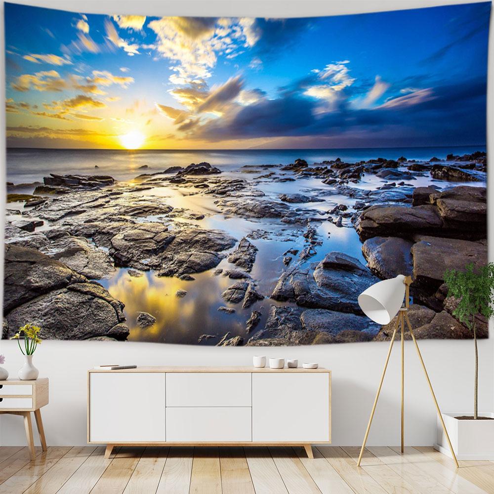 Beach Starry Tapestry Home Decor Living Room Natural Moon Sea Landscape Tapestry Fabric Hippie Wall Hanging Tapestry Tapiz