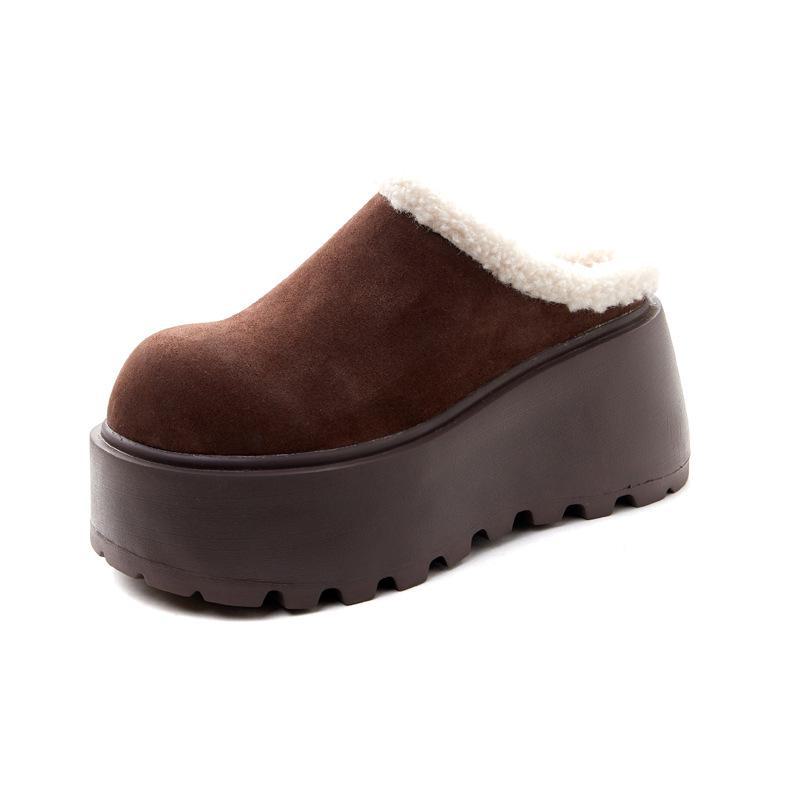 Женские зимние ботинки из натуральной кожи в стиле ретро 2024 г. — толстая подошва, бархатная подкладка, закрытый носок, полутапочки, увеличивающие рост