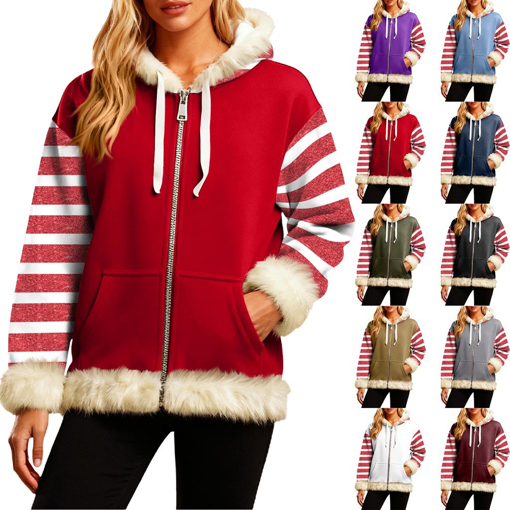 Женская Удобная Свободная Модная Повседневная Толстовка-Куртка с Длинным Рукавом, Карманами и Капюшоном с Полосатым Принтом