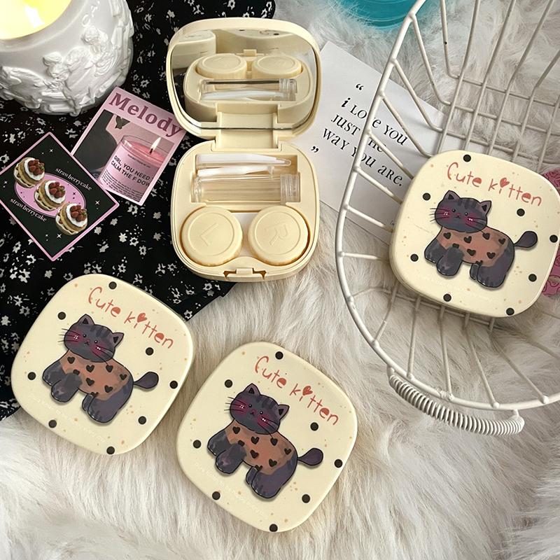 Футляр для контактных линз с рисунком в виде милого кота и граффити, с зеркалом, дорожный набор для контактных линз