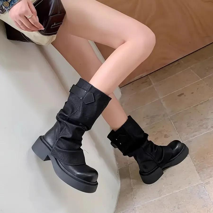 Middle Heel Round Toe Ladies Mid Calf Shoes Black New In Trend 2024 Chic and Elegant Demi-season Spring Women's Half High Boots