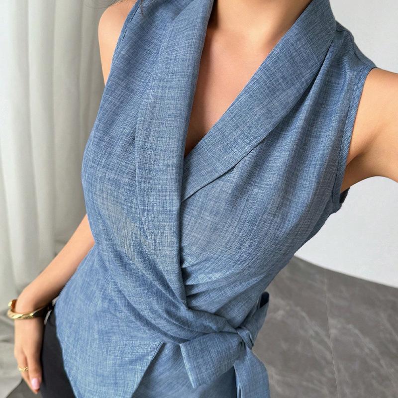 Рубашки без рукавов с летним темпераментом, приталенного силуэта и завязывающиеся, женские блузки и рубашки