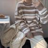 Pofulove полосатый свитер с круглым вырезом женский осенне-зимний свободный свитер с длинными рукавами пальто