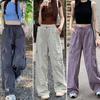 Women Cargo Pants Elastic High Waist Adjustable Drawstring Long Trousers Solid Color Wide Leg Multi Pockets