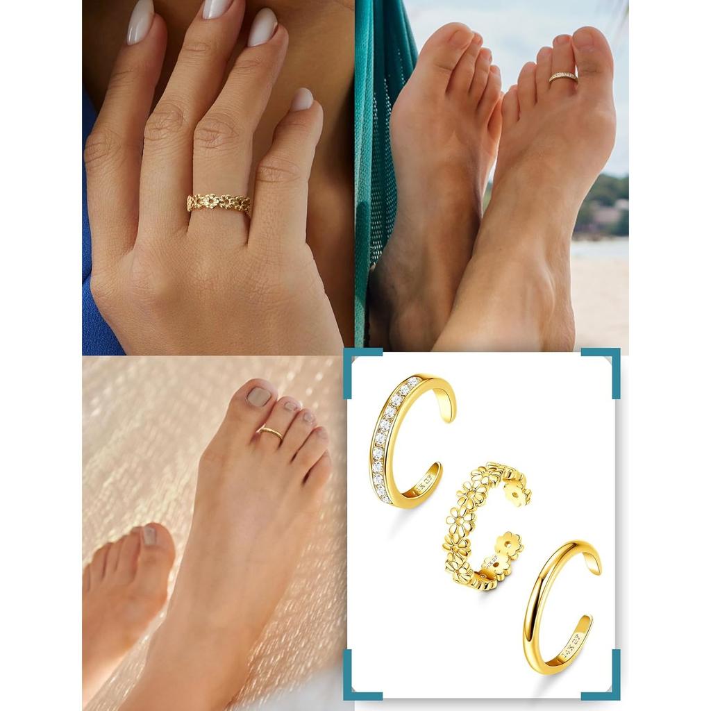 Bobisty 1/3Pcs 14K Gold-plated Toe Rings for Women Non Tarnish Adjustable Flower CZ Dainty Toe Ring Summer Beach Foot Jewelry