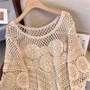 DIMANAF 2025 Новая футболка Женская Вязание Кружево Длинная Пляжная Праздничная Ажурная Летний Базовый Топ Футболка Свободная Одежда