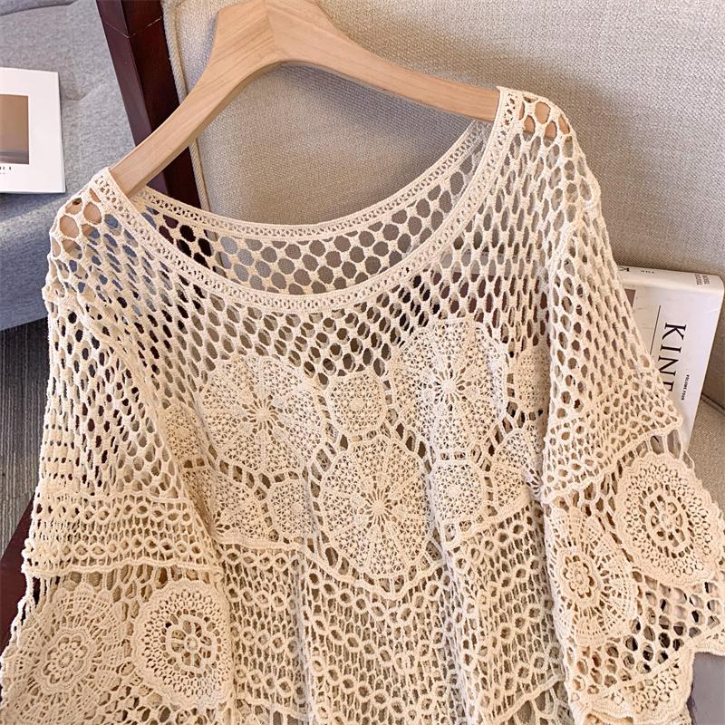 DIMANAF 2025 Новая футболка Женская Вязание Кружево Длинная Пляжная Праздничная Ажурная Летний Базовый Топ Футболка Свободная Одежда
