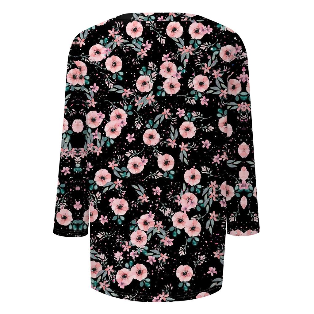 Women's Fashion Casual Round Neck 3/4 Sleeve Loose Printed T-Shirt Ladies Top