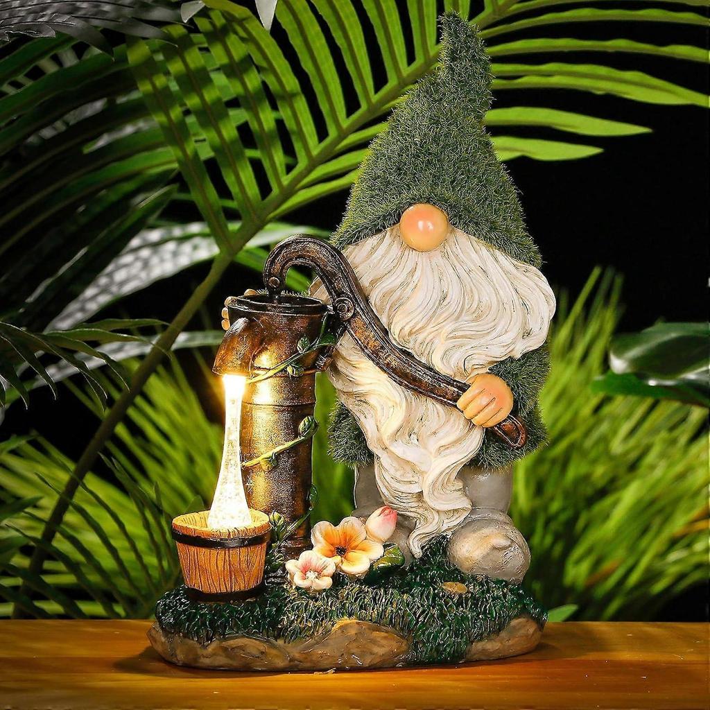 Garden Ornaments Outdoor Funny Gnome Pumping Water with Solar Lights for Garden Decorations, Waterproof Resin Flocked Statues