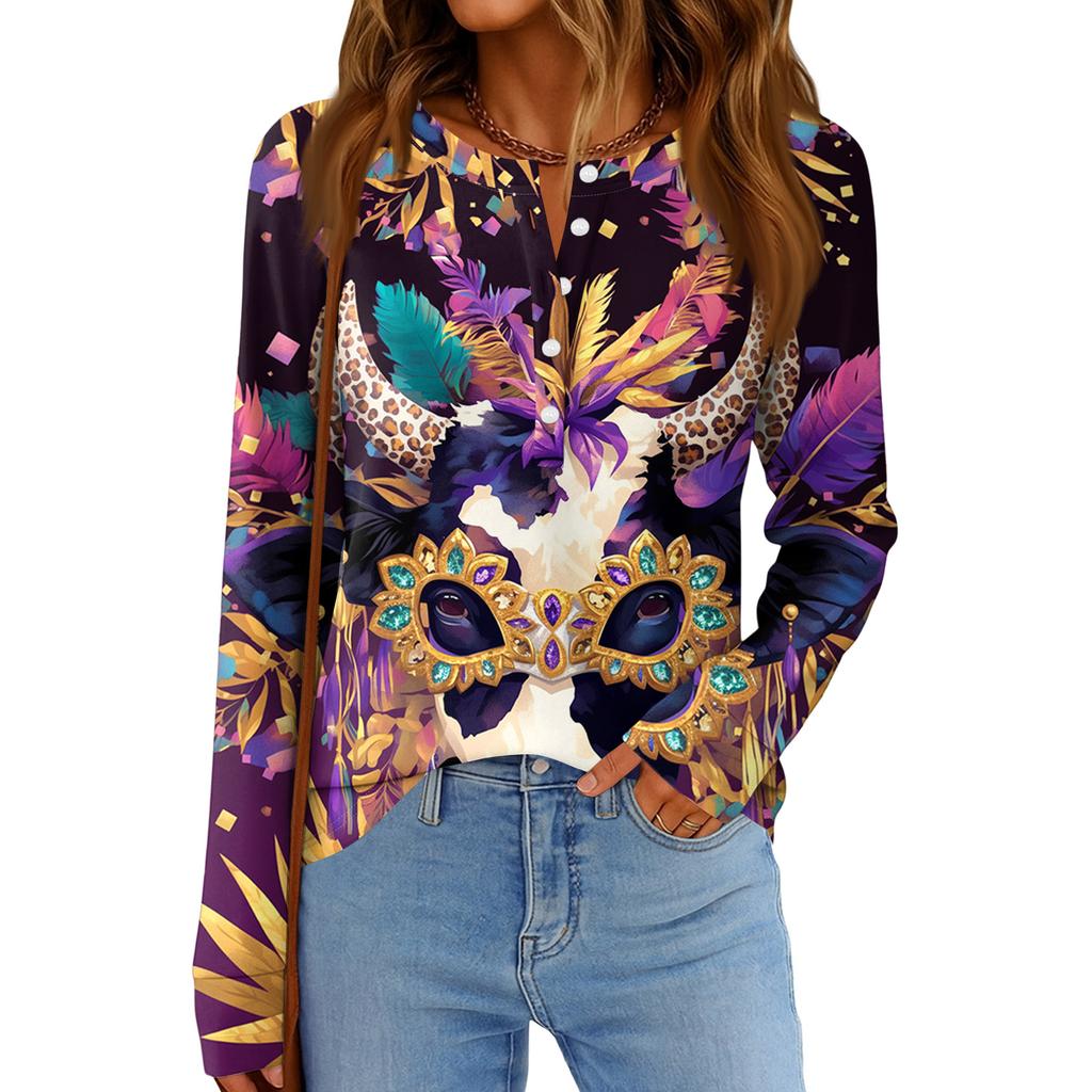 Женская модная свободная повседневная блузка с длинным рукавом и карнавальным принтом