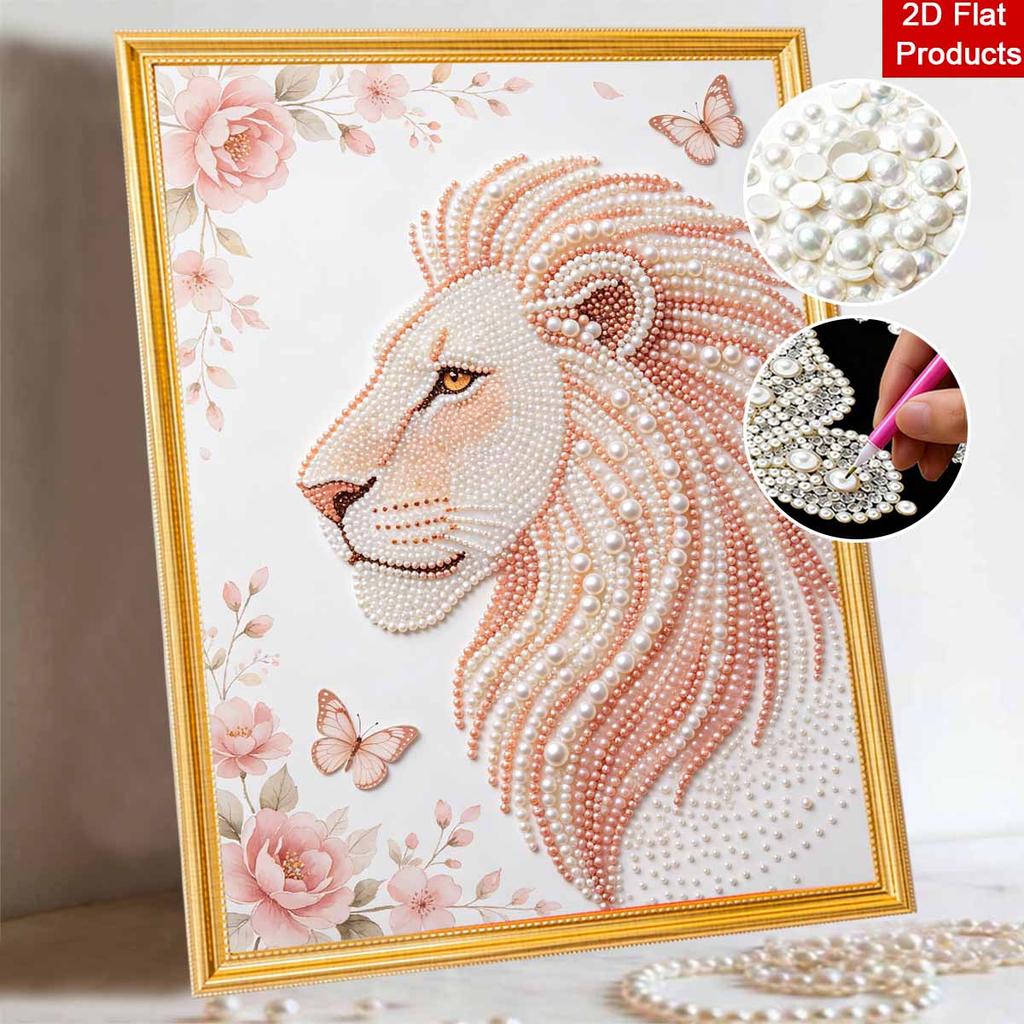 Pearl Art Painting Pink Lion Floral Home Wall Decor Pearl Gemstone Painting Picture Crafts Adult/Beginner Gift Creative Home Decor Unframed DIY
